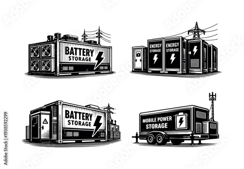 Black and white vector illustration of industrial battery and energy storage units