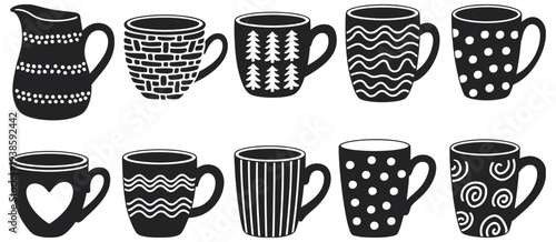 Decorative Coffee Mug Silhouettes Set, patterned ceramic cups collection, modern drinkware icons, black white vector illustration for cafe menu print design