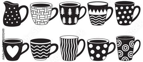 Decorative Coffee Mug Silhouettes Set, patterned cup collection, modern ceramic drinkware icons, black white vector illustration for cafe kitchen branding