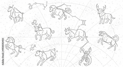 Collection of Zodiac Constellations Illustrated in Outline Style.