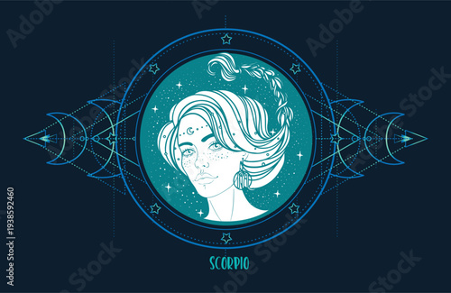 Vector line art of Scorpio zodiac woman with sacred geometry and celestial star map. Dark mystical astrology illustration inspired by transformation, horoscope symbolism and new age magic.
