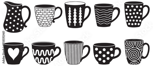 Decorative Coffee Mug Silhouettes Set, patterned cups collection, modern ceramic drinkware icons, black white vector illustration for cafe menu branding
