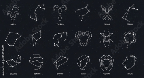 Collection of Zodiac Constellations on Dark Background.
