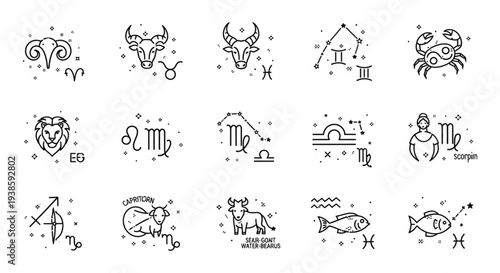 Collection of Zodiac Sign Icons Astrology Symbols Line Art.