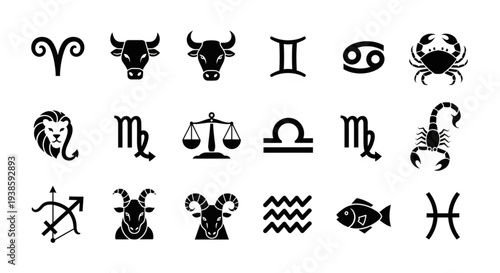 Collection of Zodiac Sign Symbols and Icons.