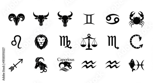 Collection of Zodiac Sign Symbols Astrology Icons.