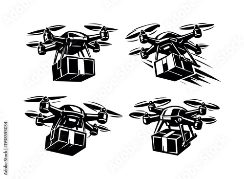 Set of four black and white drone illustrations with delivery boxes in vector style