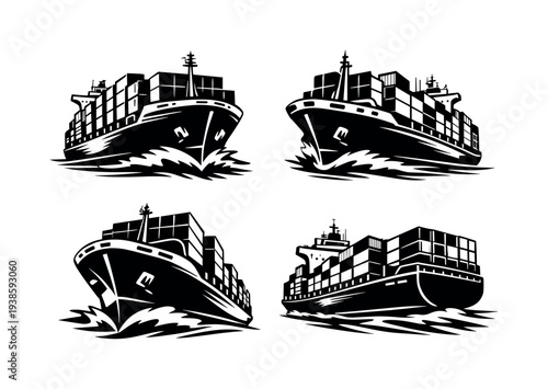 Black and white illustrations of cargo ships vector set with nautical elements