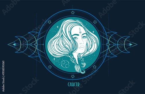 Vector line art of Cancer zodiac woman with sacred geometry and constellation map. Spiritual astrology illustration inspired by lunar energy, new age mysticism, horoscope reading and oracle symbolism.
