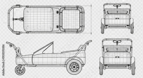 Trolley, Cart, Wireframe, Vector, Vehicle – Utility Transport Technical Drawing Top Side Rear Views