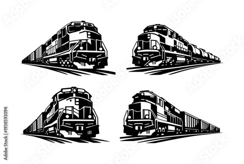 Black and white vector illustration of freight trains silhouette set in motion