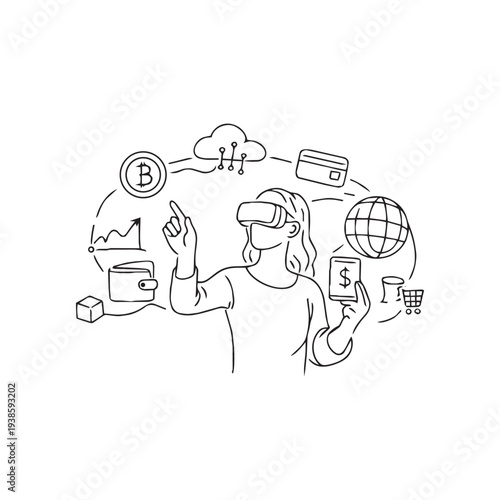 VR user interacting with crypto wallet and bank in digital world
