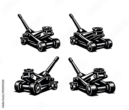 Set of black and white hydraulic floor jack illustrations silhouette vector design
