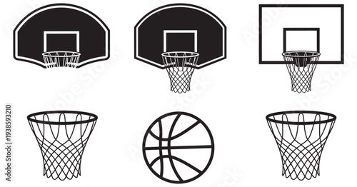 Basketball Hoop And Net Set, various hoop designs collection isolated on white background, sports equipment icons, athletic game vector illustration