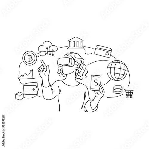 VR user interacting with crypto wallet and bank in digital world
