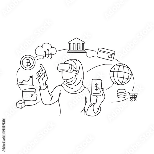 VR user with crypto wallet, bank and global shopping icons
