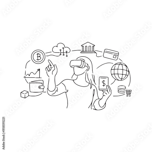 VR user with crypto wallet, bank and global shopping icons

