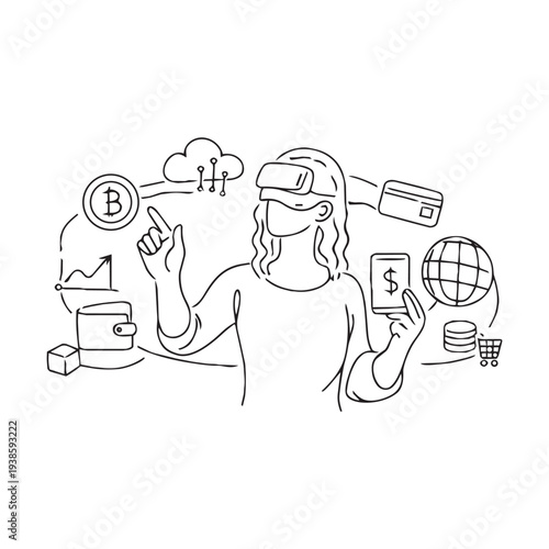 Woman in VR headset managing crypto and e-commerce transactions
