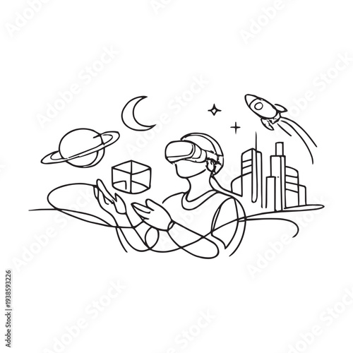 Astronaut in VR space with futuristic city and rocket launch

