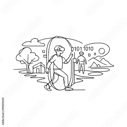 Person with VR headset in digital nature with binary code stream
