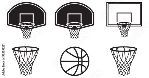Basketball Hoop And Net Set, different rim and net designs isolated on white background, sports equipment collection vector illustration icons