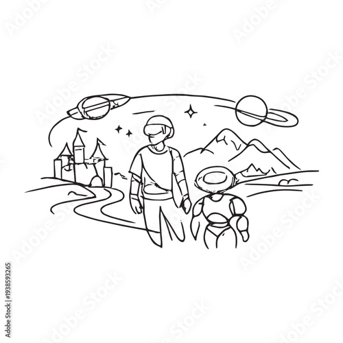 Family travel adventure with robot companion in nature landscape

