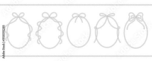 Set of oval rope frames with bows. Nautical braided rope borders in simple outline style, decorative looped rope labels for cards, invitations