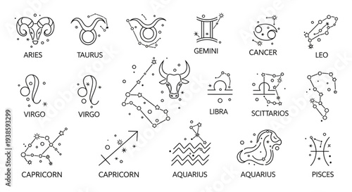 Collection of Zodiac Signs and Constellations in Outline Style.