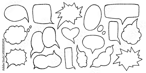 Vector set of blank hand drawn doodle speech bubbles and comic balloons with cloud, rectangle, burst outlines. Empty sketch chat frames for text, sticker, poster, planner and comic book design.