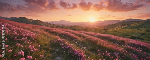 Panel kuchenny z motywem Rolling hills covered with rose-colored flowers at sunset,  scenery,  sunset,  valley