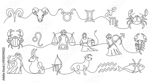 Collection of Zodiac Signs in Continuous Line Art Style.