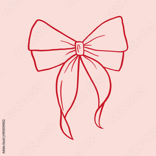 Vector illustration of elegant ribbon bow outline with long flowing tails on soft pink background. Feminine coquette charming bow for fashion branding, packaging, logo, sticker and gift decoration.