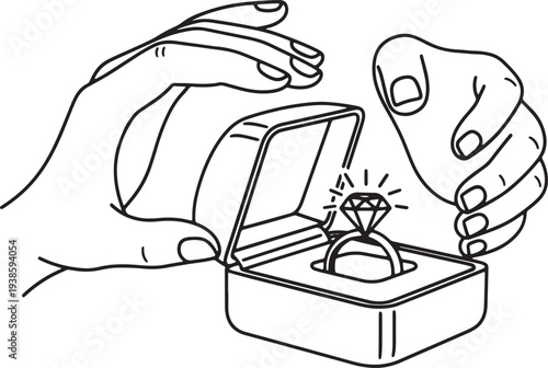 Hands opening jewelry box revealing diamond ring vector