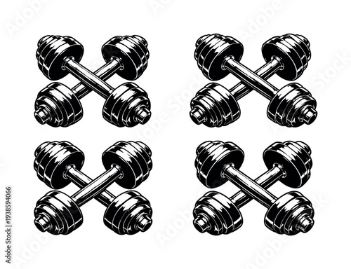 Vintage dumbbell set illustration black and white silhouette gym equipment clipart
