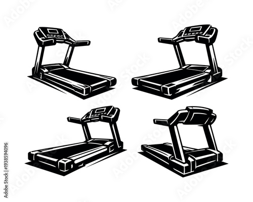 Set of vector treadmill illustrations in black and white silhouette style