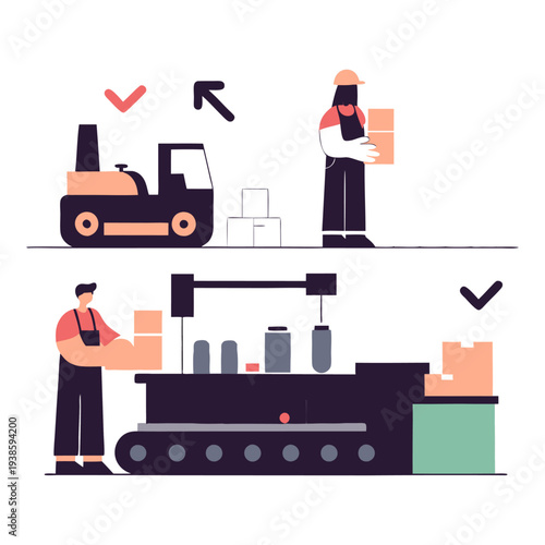 Industrial Workflow Illustration A detailed vector illustration depicting various stages of an industrial workflow, showcasing the movement of goods and the human element involved. 