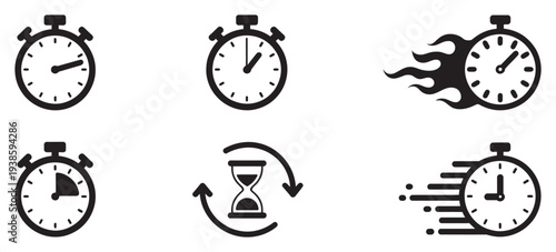 Stopwatch And Timer Set, countdown speed hourglass symbols, clock icons for fast action delay schedule, simple time management vector design