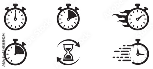 Stopwatch And Timer Set, speed countdown hourglass motion icons, clock symbols for fast action delay schedule, time management vector illustration