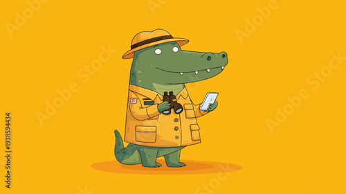 Animated alligator wearing a hat and jacket, holding binoculars and a tablet. Background Orange