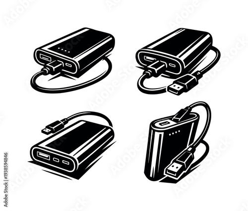 Black and white vector illustration of portable power banks in different angles
