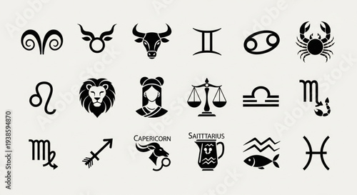 Collection of Zodiac Signs - Astrological Symbols in Black and White.