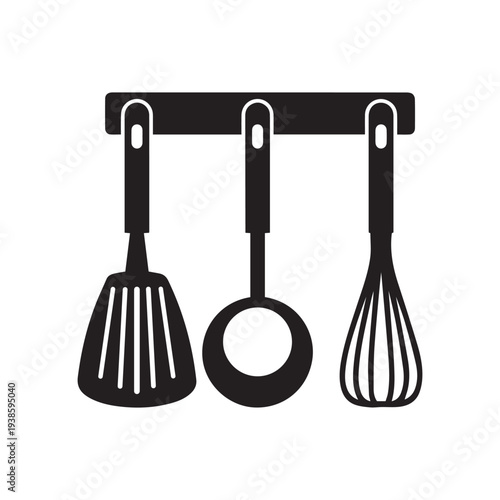 Spatula, ladle and whisk, kitchen tools on a hanger icon in simple style isolated vector illustration
