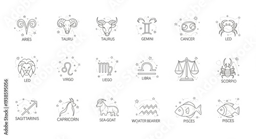 Collection of Zodiac Signs Astrology Symbols Horoscope Icons.