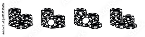 Black and white vector illustration of casino poker chips in different arrangements