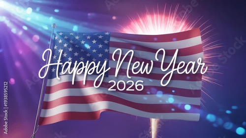 Vibrant Happy New Year 2026 Celebration with Waving American Flag against a Backdrop of Dazzling Lights and Fireworks Display