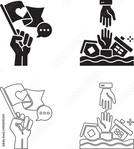  Public welfare and social policy icons in flat design. Vector symbols representing worker rights, poverty support programs, childcare assistance, accessibility guidelines, disaster relief and pension