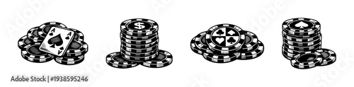 Vintage poker chips and playing cards in black and white vector illustration
