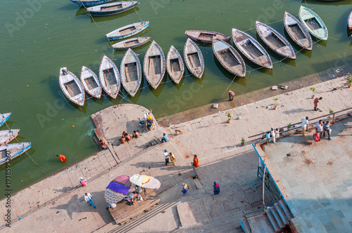 Canvas Print boats on the river ganga areal view from varanasi uttar pradesh india