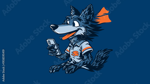 A cartoon wolf in a jersey holds a phone, with a blue background and orange accents