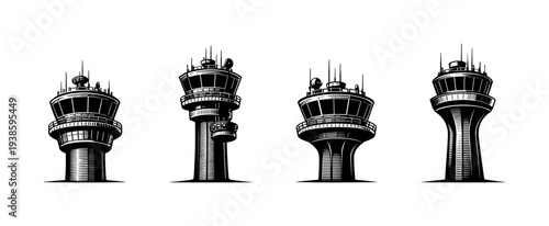 Black and white air traffic control tower silhouettes vector illustration set